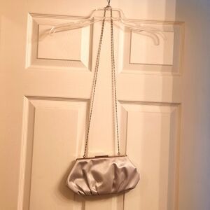 Lulu Townsend Clutch Handbag Silver Grey Gray Snap Closure Chain Strap Fabric